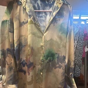 Abstract Watercolor Button-Up Blouse